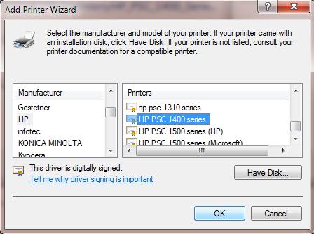 Choose Printer Manufacturer and Model or provide driver disk